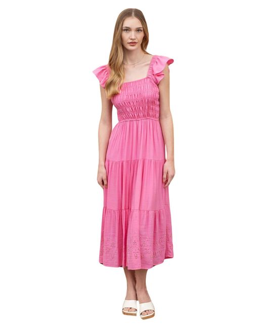Blu Pepper Pink Eyelet Flutter Sleeve Midi Dress
