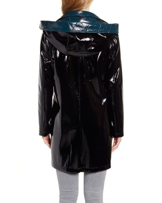 Sam Edelman Black Contrast Hood Glossy Raincoat
