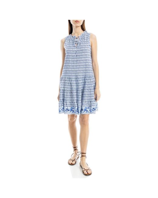 Max Studio Blue Floral Split Neck Tiered Dress