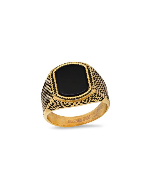 HMY Jewelry Black 18k Gold Plated Stainless Steel Enamel Milgrain Signet Ring for men