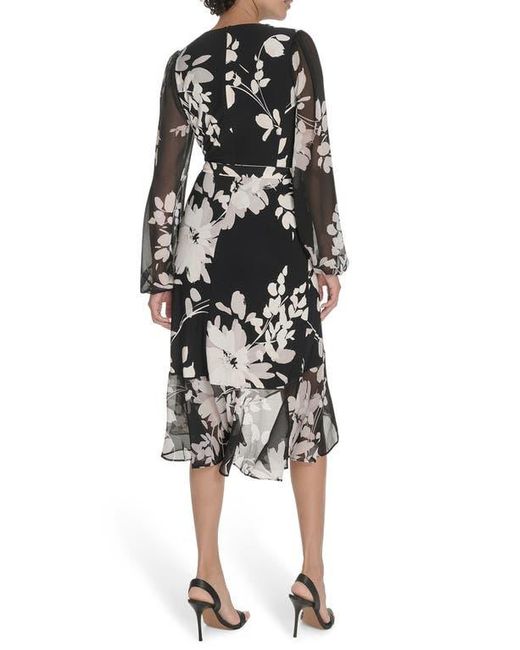 Tommy Hilfiger Black Floral Long Sleeve Ruffle Mixed Media Midi Dress
