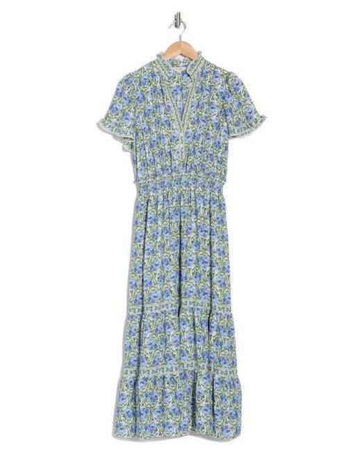 Max Studio Blue Smocked Flutter Sleeve Maxi Dress