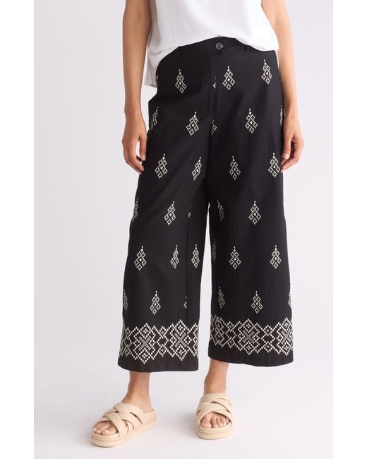 Adrianna Papell Black Embroidered Cotton Wide Leg Pants