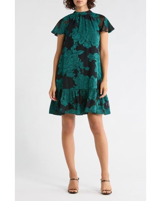 Eliza J Floral Short Sleeve Tie Back Trapeze Dress in Green