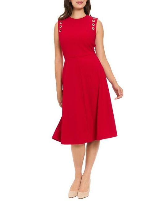 London Times Red Ottoman Grommet Sleeveless Midi Dress