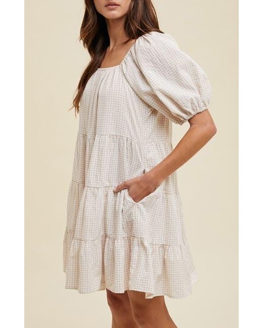 Wishlist Natural Plaid Puff Sleeve Cotton Blend Tiered Minidress