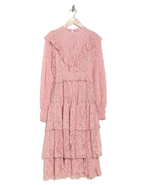 Rachel Parcell Pink Long Sleeve Ruffle Lace Midi Dress