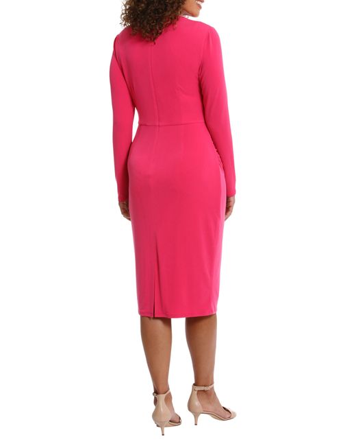 London Times Pink Asymmetric Drape Long Sleeve Jersey Midi Dress