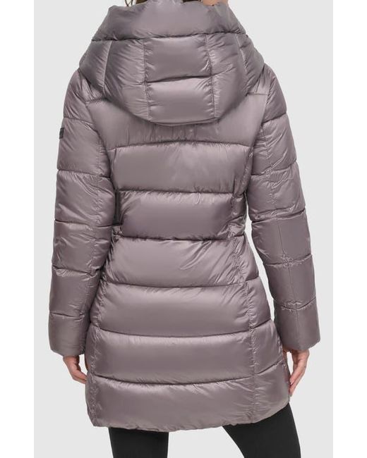 DKNY Asymmetric Bib Packable Quilted Coat in Brown Lyst