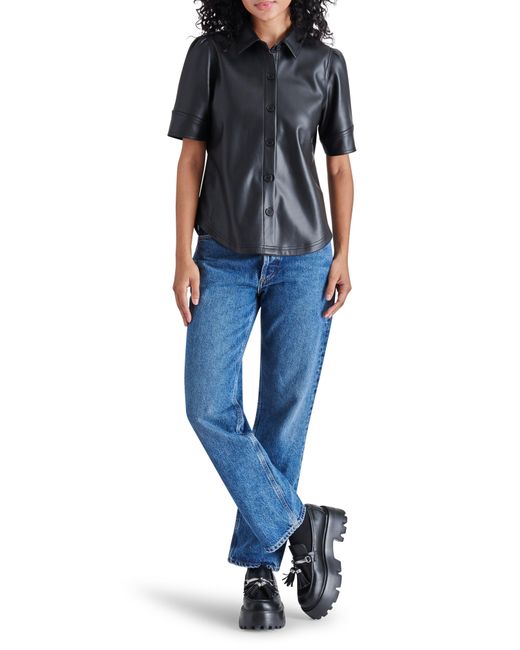 Steve Madden Black Virginia Faux Leather Button-up Top