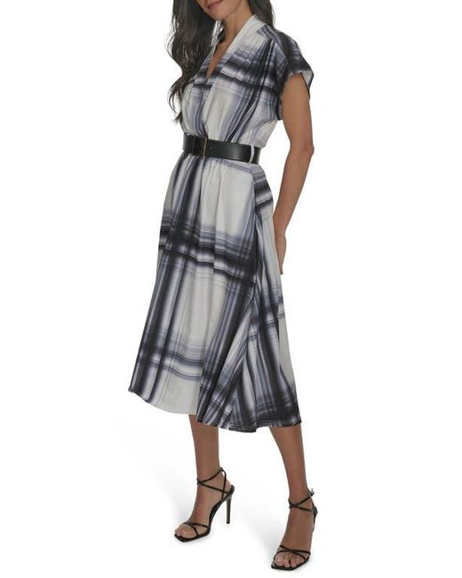 Calvin Klein Gray Windowpane Short Sleeve Fit & Flare Midi Dress