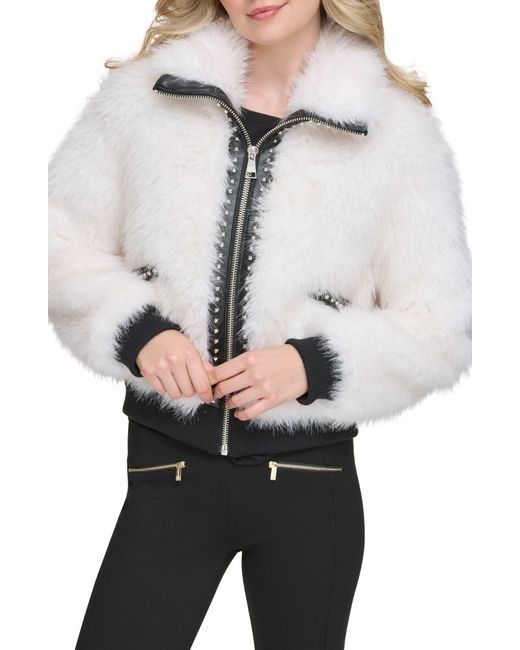 Karl Lagerfeld Gray Shaggy Studded Faux Fur Bomber Jacket