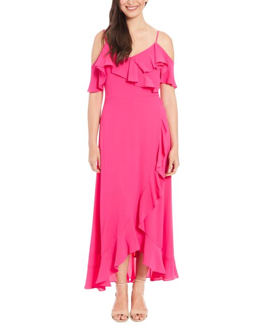 London Times Pink Cold Shoulder Ruffle Maxi Dress