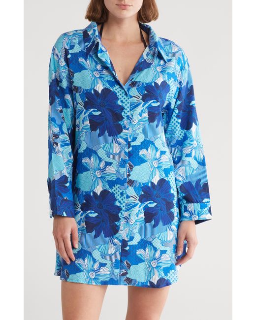 Boho Me Blue Floral Print Button-up Cover-up Shirt