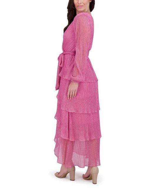 Kensie Pink Shimmer Knit Long Sleeve Tiered Ruffle Dress