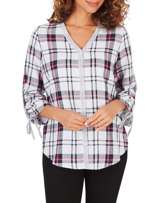 Foxcroft Marlin Plaid Ruched Sleeve Cotton Buttonup Blouse in Gray Lyst