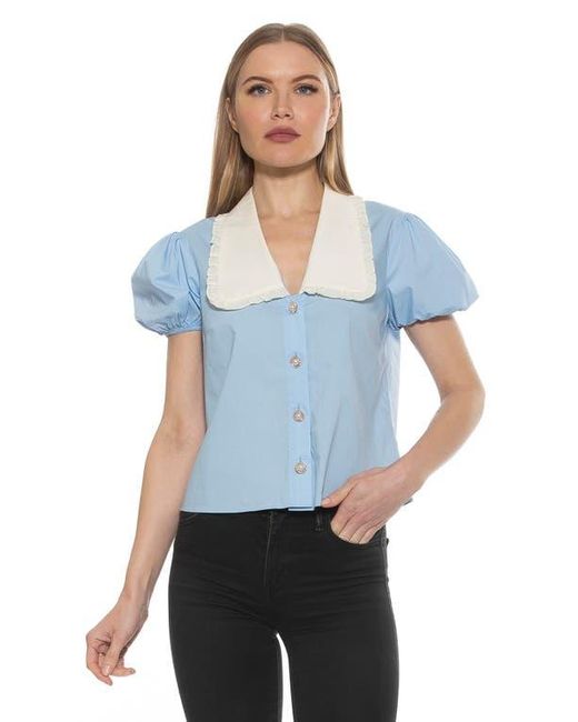 Alexia Admor Blue Sandra Short Sleeve Button-Up Blouse