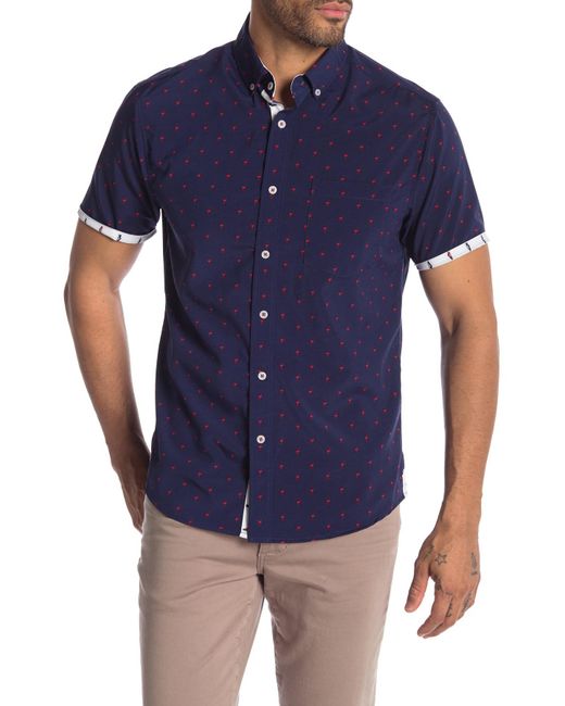 Report Collection Blue Micro Stretch Flamingo Print Short Sleeve Shirt for men
