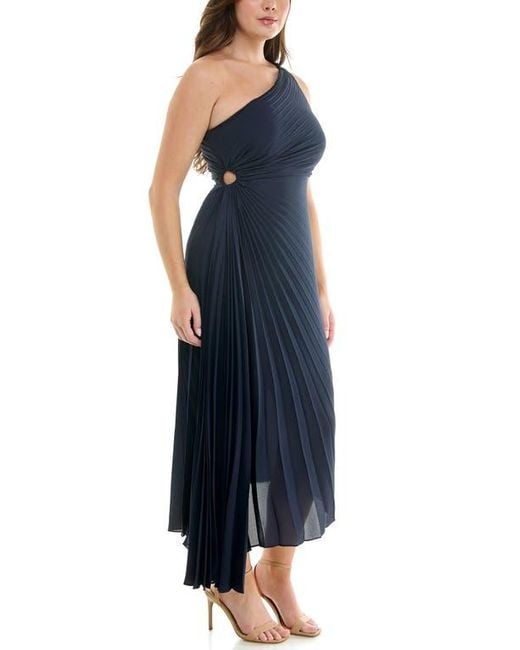 Nicole Miller Blue One Shoulder Pleat Midi Dress