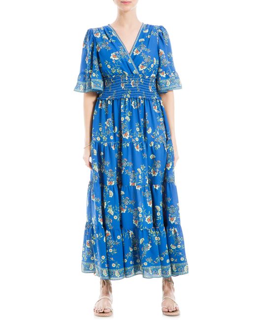 Max Studio Blue Smocked Waist Midi Dress