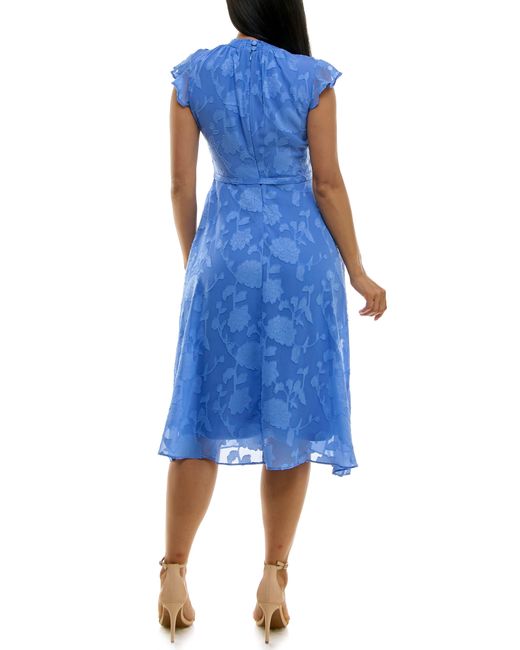 Nina Leonard Blue Mock Neck Flutter Sleeve Midi Dress