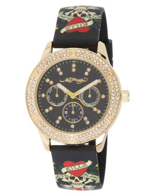 Ed Hardy Gray Crystal Silicone Strap Watch