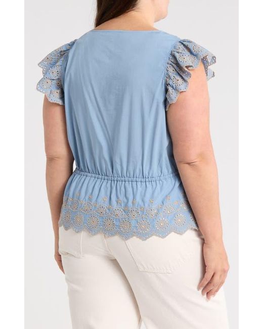 Democracy Blue Embroidered Eyelet Flutter Sleeve Peplum Top