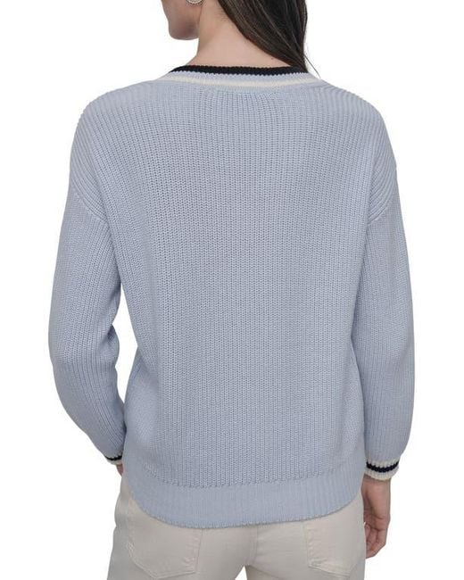 DKNY Gray V-Neck Shaker Stitch Cotton Sweater