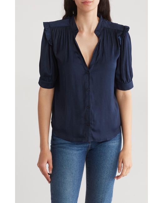 Melrose and Market Blue Ruffle Sleeve Split Neck Button-up Top