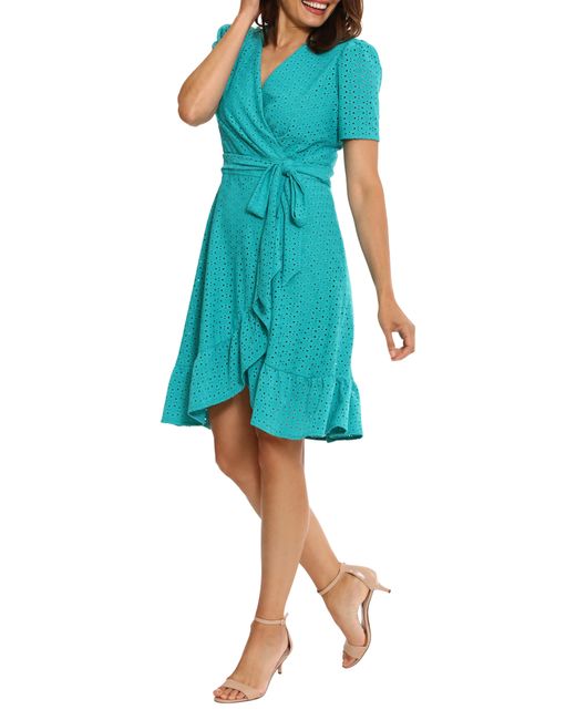 London Times Blue Eyelet Ruffle Apron Dress