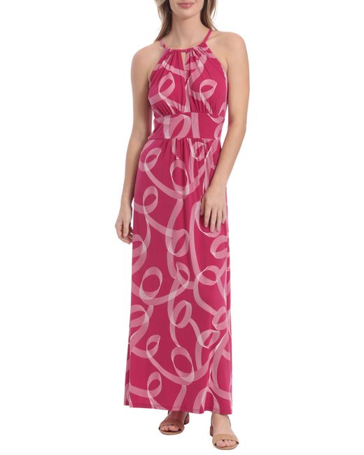 London Times Ribbon Print Halter Neck Maxi Dress in Pink | Lyst