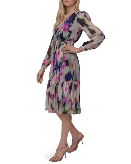 DKNY Multicolor V-Neck Long Sleeve Fit & Flare Dress