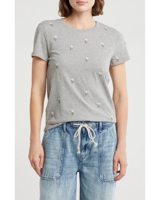 Lucky Brand Gray Flower Embroidered Cotton T-Shirt