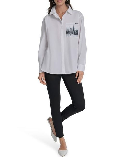 DKNY Gray Skyline Pocket Oversize Long Sleeve Button-Up Shirt