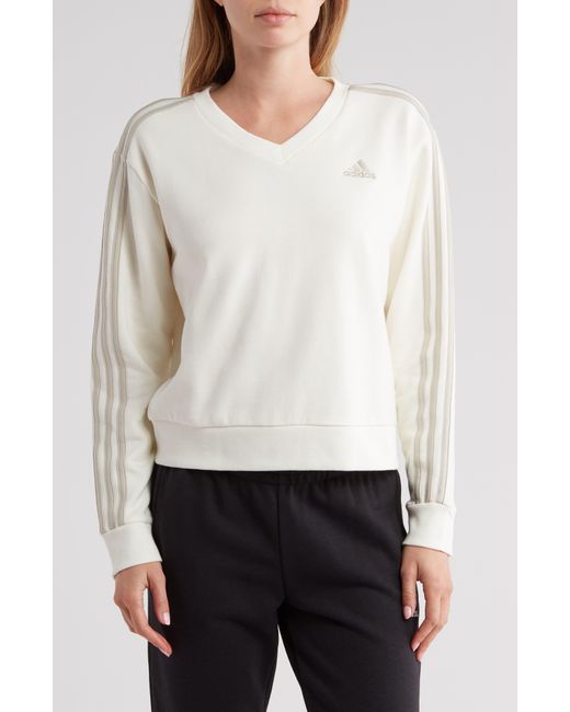 Adidas White V-neck 3-stripes Cotton Sweatshirt