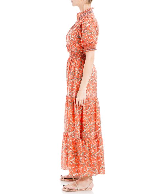Max Studio Orange Ruffle Collar Print Tiered Maxi Dress