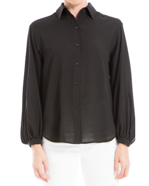 Max Studio Black Babygrid Texture Long Sleeve Button-down Blouse