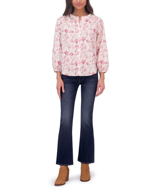 Lucky Brand Pink Floral Print Band Collar Button-up Cotton Shirt
