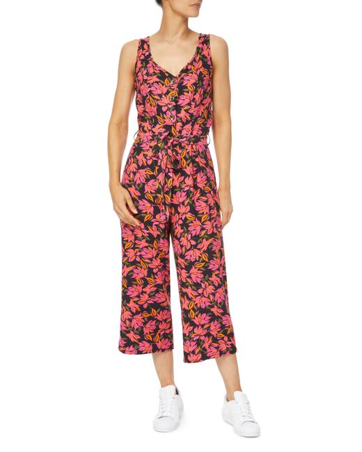 Kensie Red Sleeveless Linen Blend Jumpsuit In Tropical Flower Coral Combo At Nordstrom Rack