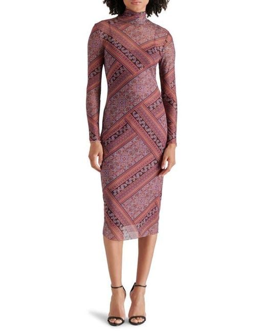 Steve Madden Red Vivienne Scarf Print Long Sleeve Turtleneck Mesh Midi Dress