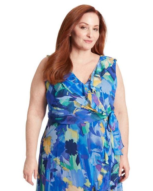 London Times Floral Ruffle Sleeveless Faux Wrap Maxi Dress in Blue | Lyst