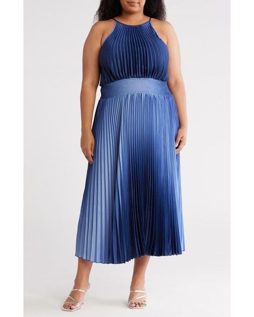 Marina Women's Blue Ombr Halter Neck Pleated Midi Dress - www.benaras.co