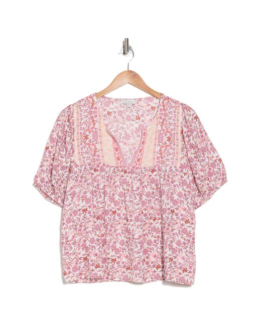 Lucky Brand Red Floral Split Neck Top