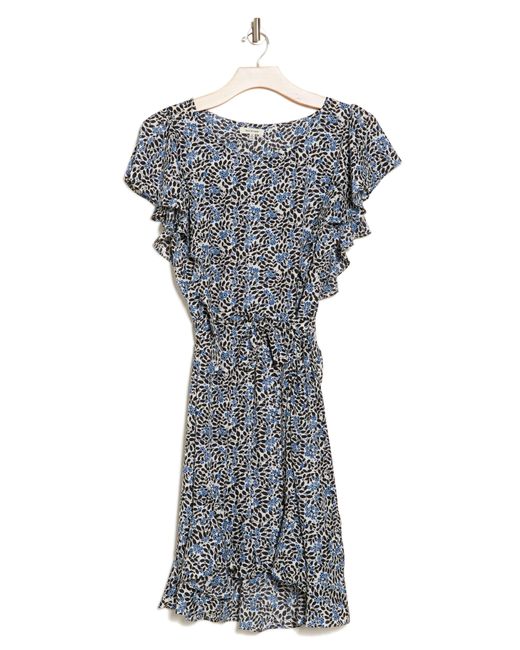 Max Studio Blue Floral Short Sleeve Ruffled Midi Dress