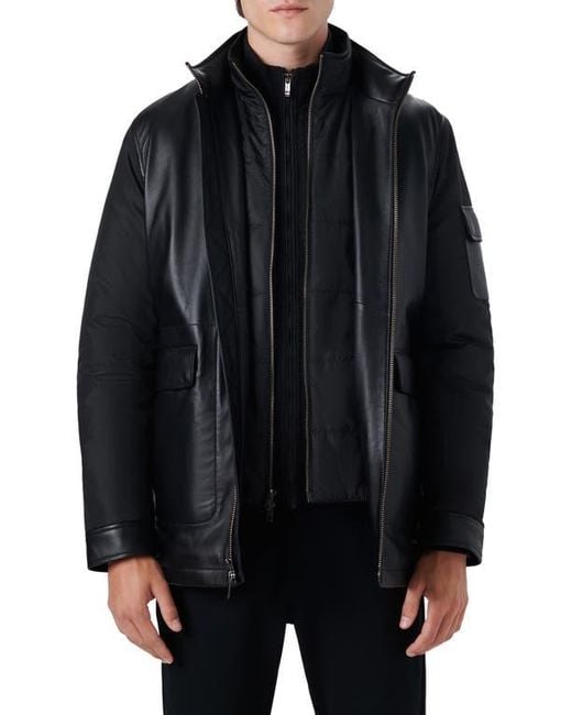 Bugatchi Black Full Zip Leather Bomber Jacket With Removable Bib for men