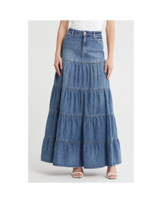 Alice + Olivia Blue Mindy Tiered Denim Maxi Skirt