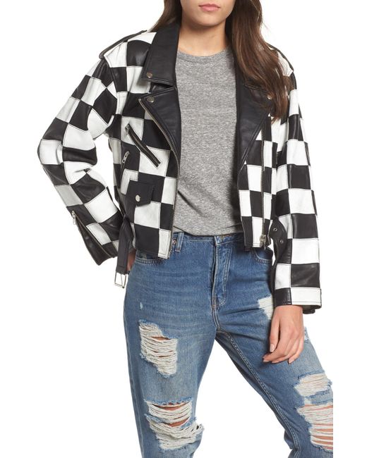TOPSHOP Black Checkerboard Leather Biker Jacket