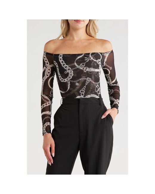 L'Agence Black Peonie Chain Off The Shoulder Mesh Bodysuit