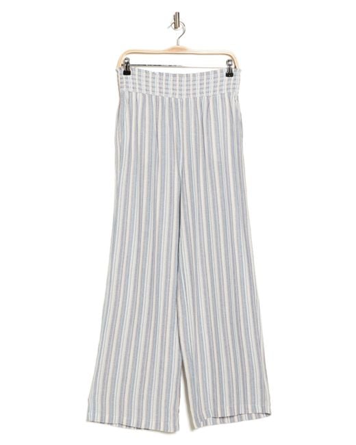 Ellen Tracy White Stripe Smocked Waist Wide Leg Linen Blend Pants