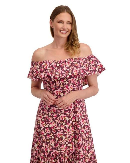 Laundry by Shelli Segal Red Emily Off The Shoulder Ruffle Cotton High-Low Dress